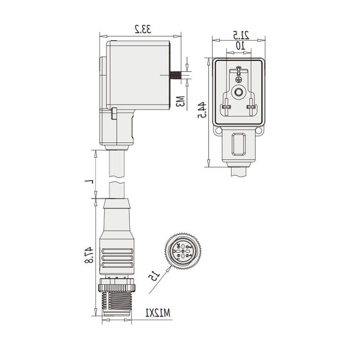 阀门插头类型B，DIN，10mm，3Pin/M12公头直型、双端预铸PVC非柔性电缆、灰色护套、6VB063-XXX